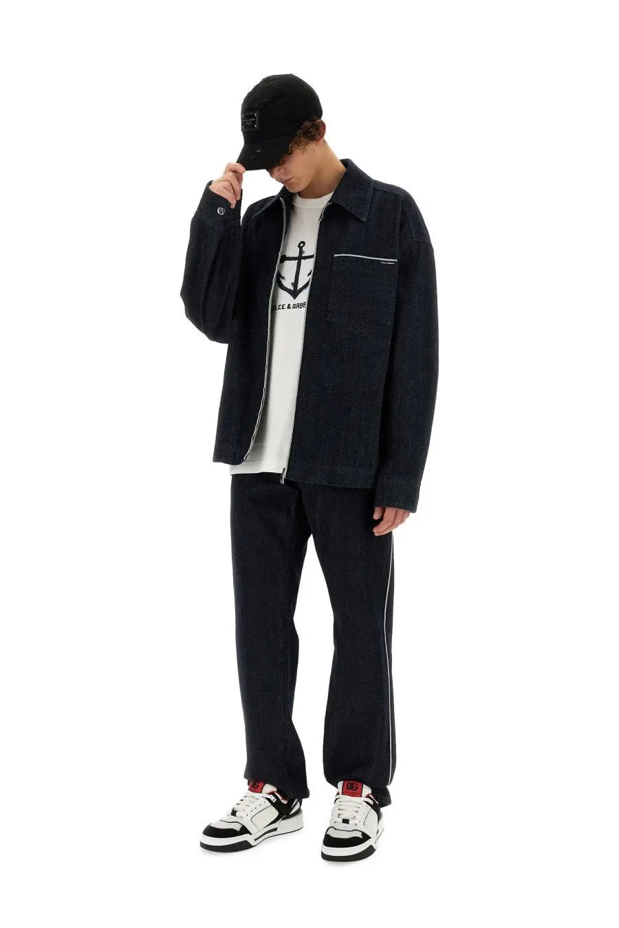 Dolce &amp; Gabbana men’s selvedge black denim jacket with white stitching and a front zipper in blue style