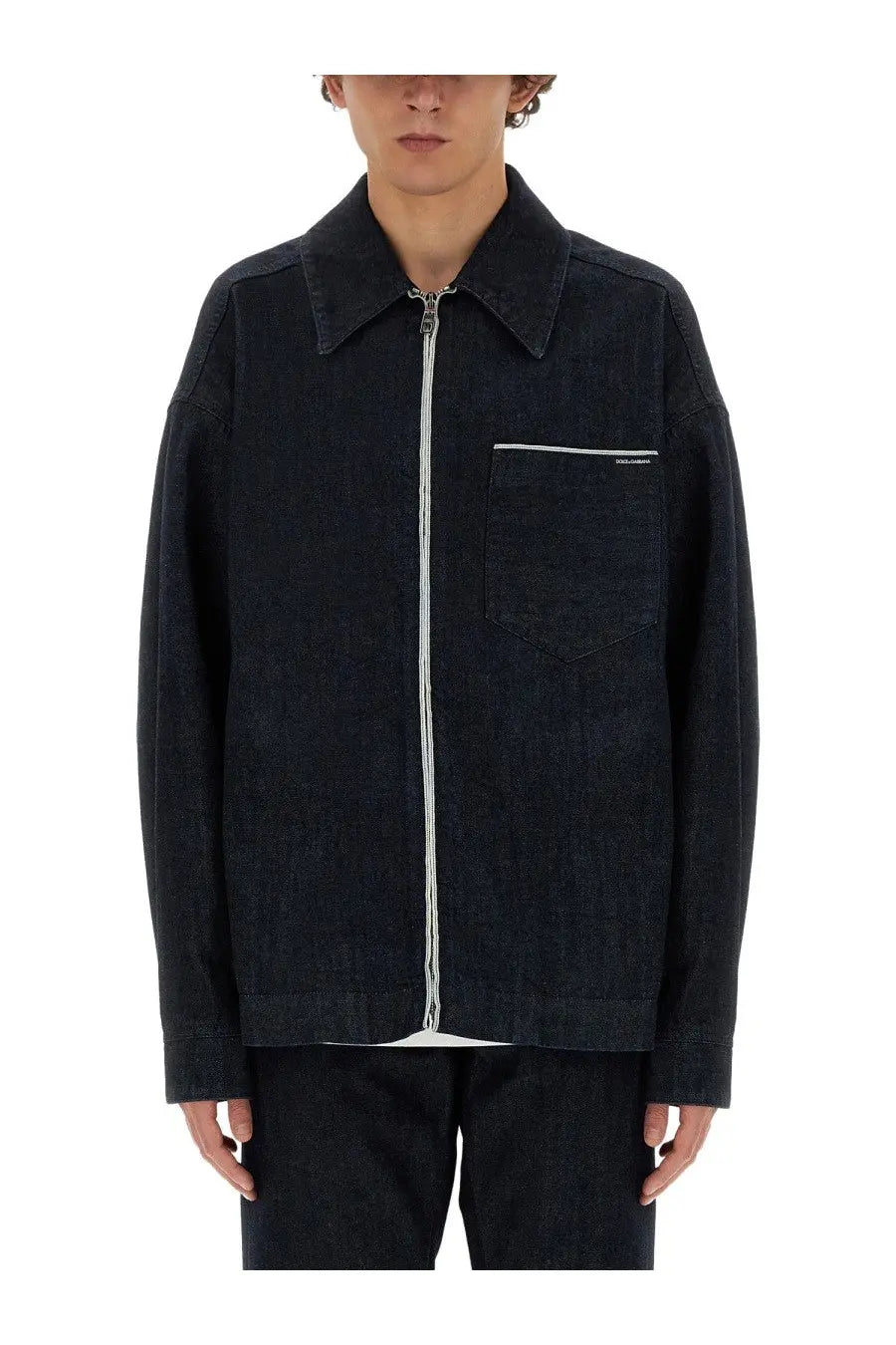Dolce &amp; Gabbana men’s selvedge denim blouson blue with white zipper and subtle stitching details in black denim