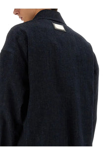 Dolce &amp; Gabbana men’s selvedge denim blouson blue with dark blue denim and silver-toned rectangular patch on collar