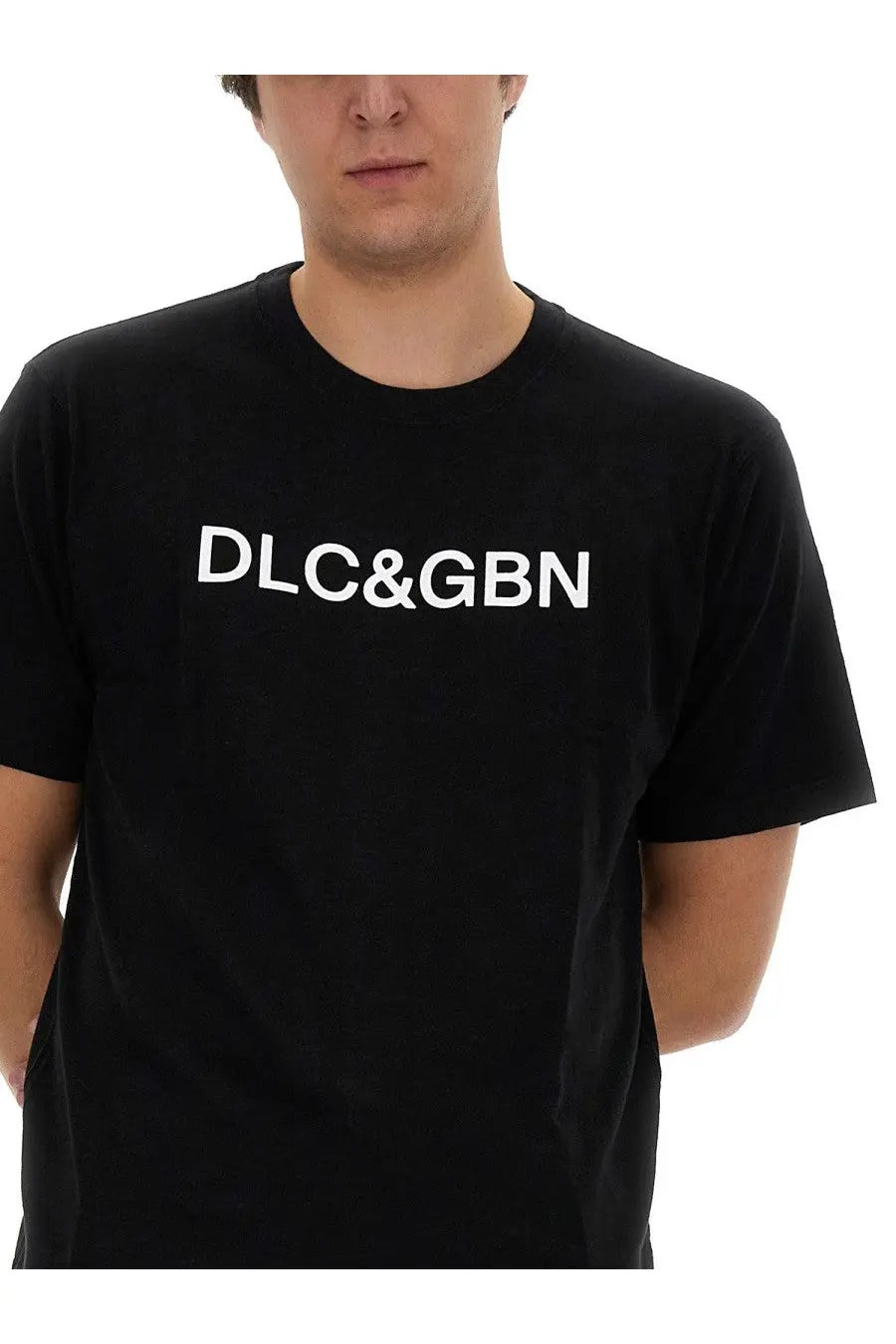 Dolce &amp; Gabbana men’s black cotton t-shirt with bold white dlc and gbn lettering across the chest