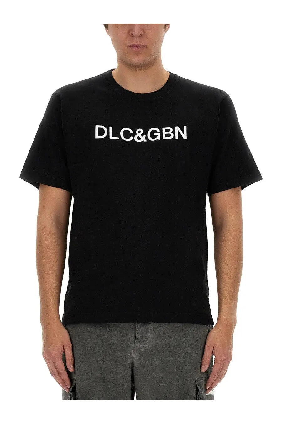 Dolce and Gabbana men’s black short-sleeved cotton t-shirt with white dlc and gbn lettering across the chest