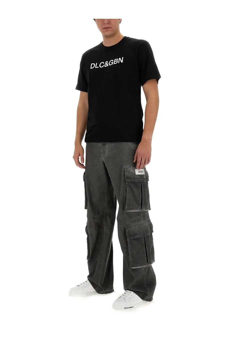 Dolce and Gabbana men’s black t shirt featuring white dlc and gbn lettering across the chest in cotton material