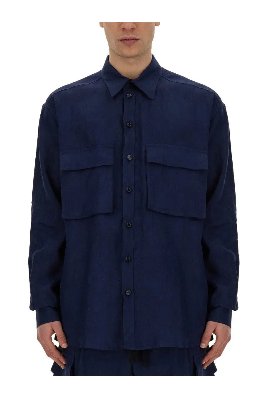 Dolce &amp; Gabbana men’s dark navy blue long-sleeved button-up shirt with two large flap chest pockets