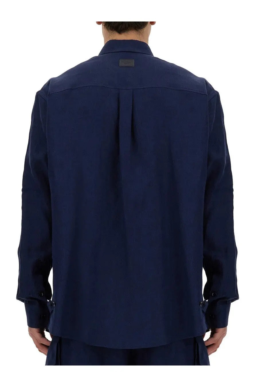 Dolce &amp; Gabbana men’s navy blue long-sleeved shirt with structured collar and subtle pleats on the back side