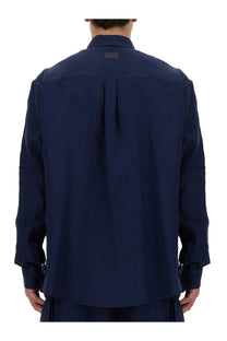 Dolce &amp; Gabbana men’s navy blue long-sleeved shirt with structured collar and subtle pleats on the back side