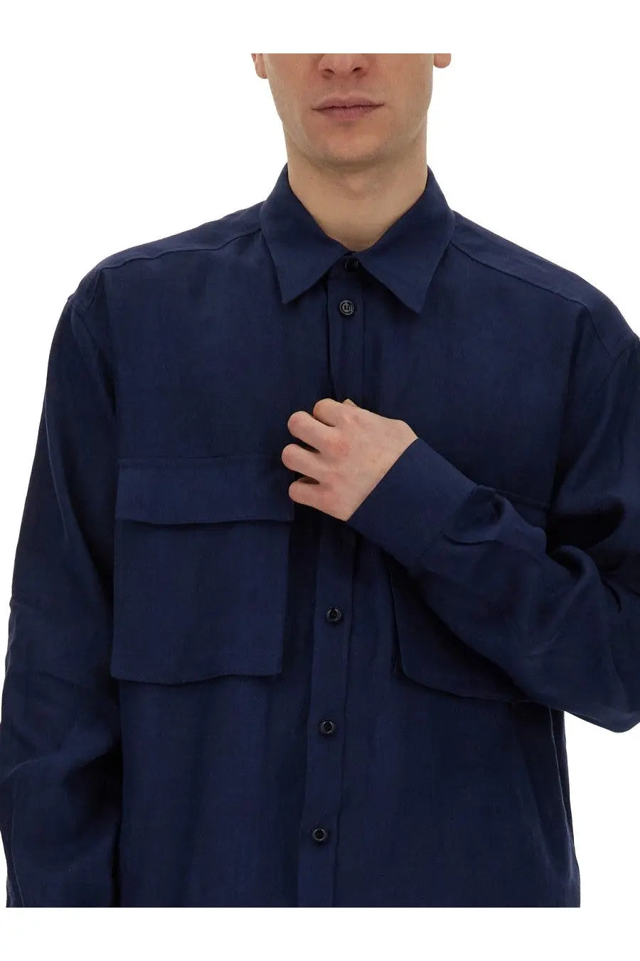 Dolce &amp; Gabbana men’s navy blue long-sleeved button-up shirt with two chest pockets in cotton fabric