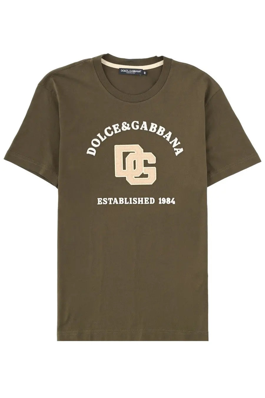 Dolce &amp; Gabbana men’s olive green t-shirt with cream logo and established 1984 text in brown product listing