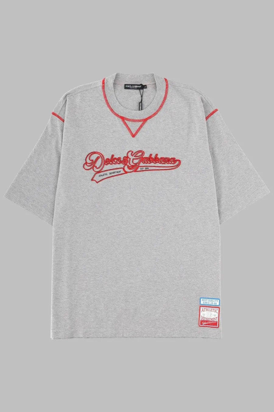 Dolce &amp; gabbana men’s grey t-shirt with red embroidered logo and matching neckline and sleeve trim