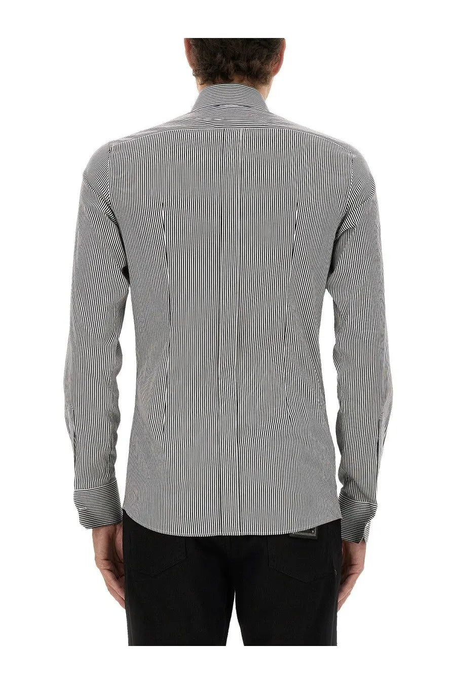 Dolce &amp; Gabbana men’s long-sleeved shirt with black and white vertical stripes and classic collar in gold multicolor design