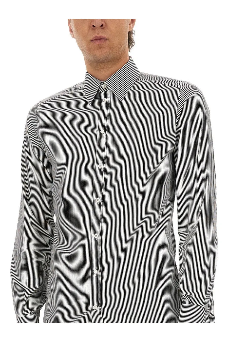 Dolce &amp; Gabbana men’s long-sleeved dress shirt with black and white vertical stripes and button-down front