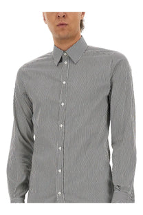 Dolce &amp; Gabbana men’s long-sleeved dress shirt with black and white vertical stripes and button-down front