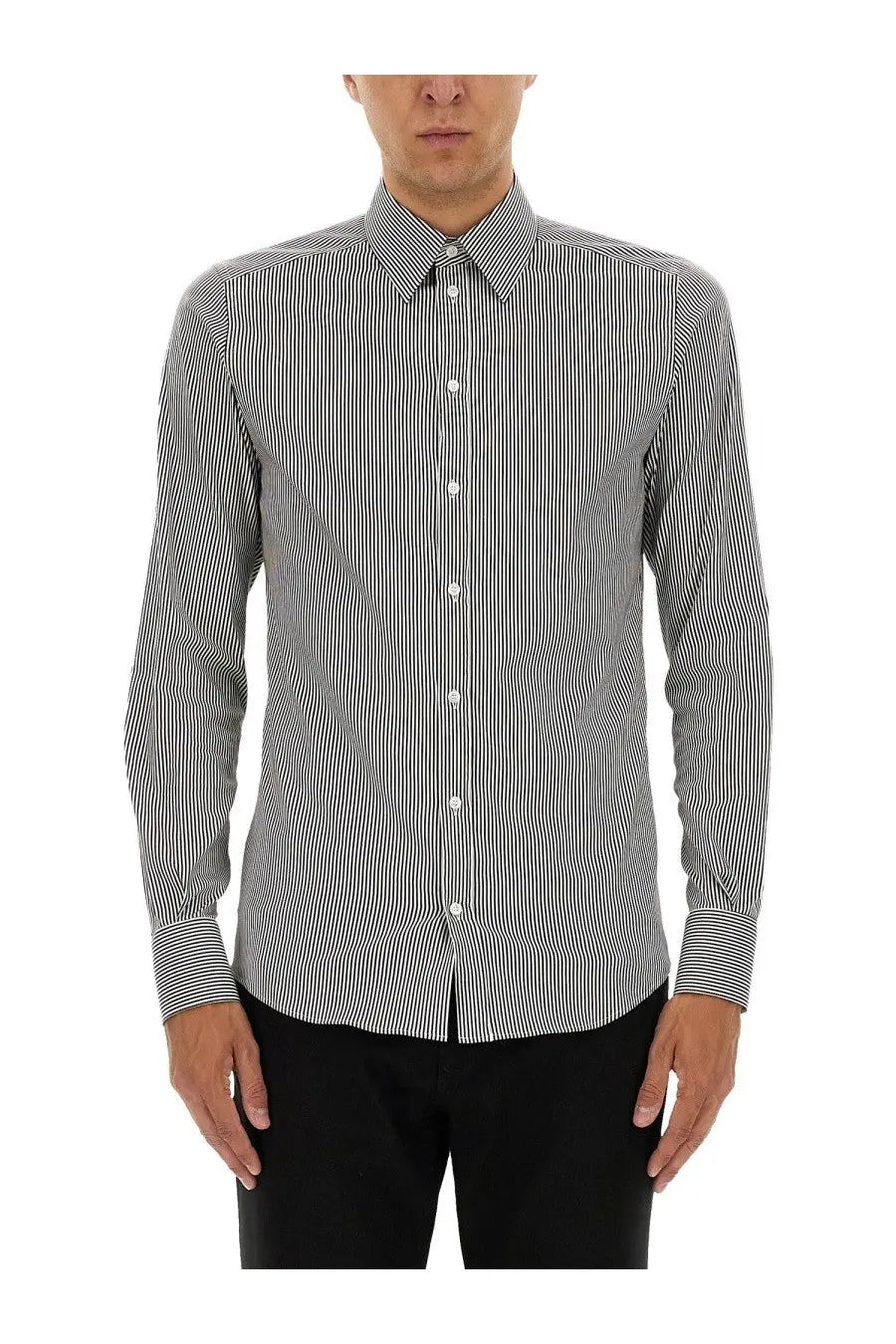 Dolce &amp; Gabbana men’s dress shirt in black and white vertical stripes with long sleeves and crisp fabric
