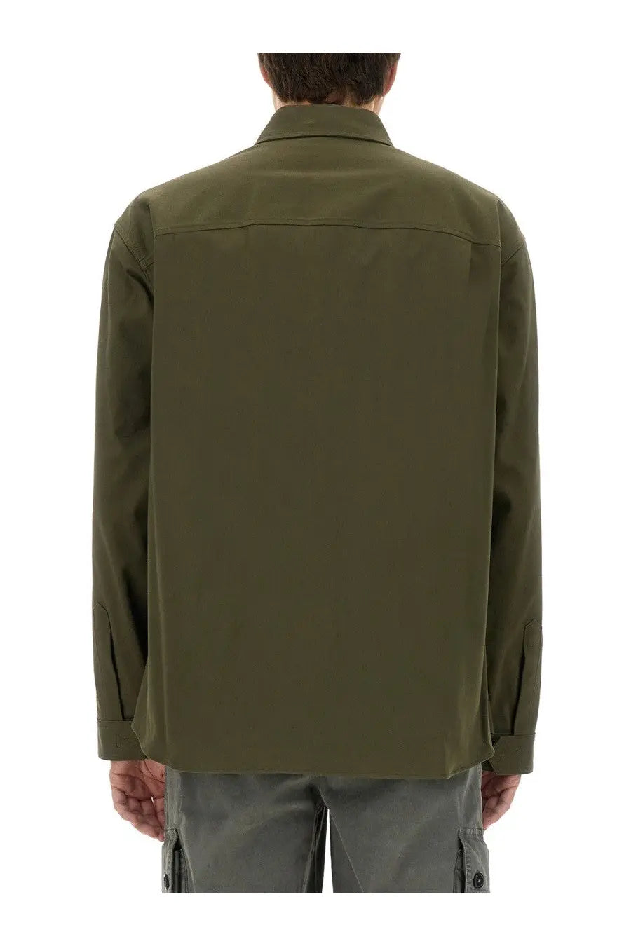 Dolce &amp; Gabbana men’s olive green long-sleeved button-up shirt with structured back and subtle seam detailing