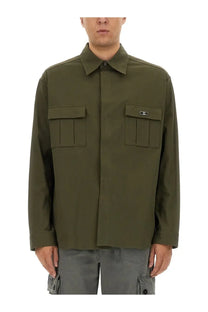 Dolce &amp; Gabbana men’s olive green utility shirt with two flap pockets and small logo patch on right chest