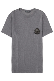 Dolce &amp; gabbana men’s grey heathered cotton t-shirt with black embroidered crest on the left chest