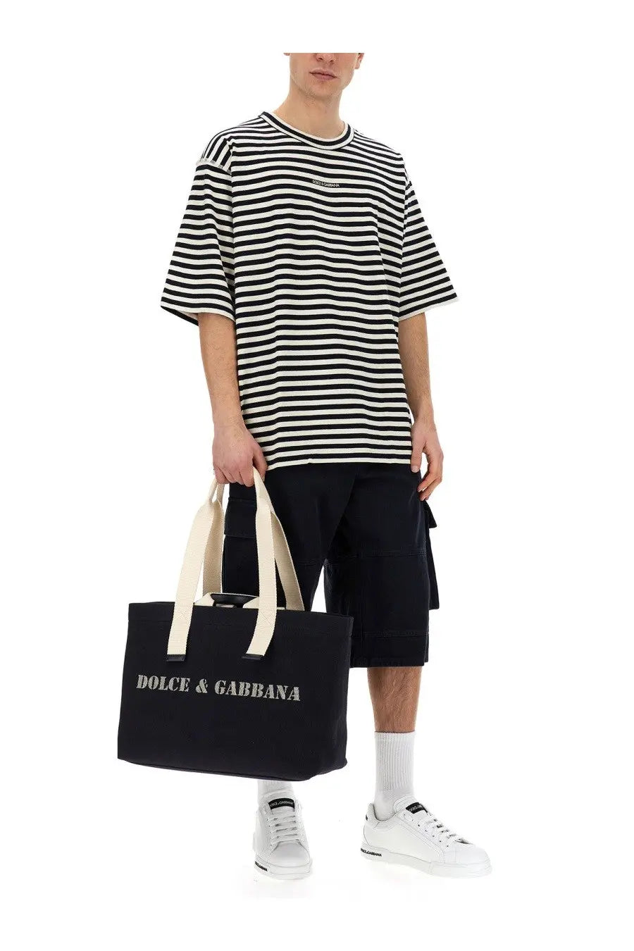 Black canvas tote bag with cream handles and white dolce and gabbana lettering for men multicolor shirt product