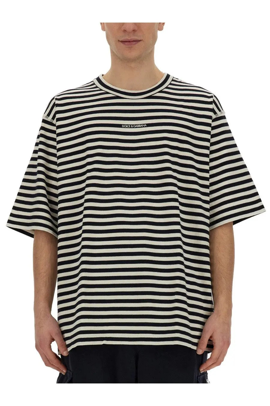 Dolce &amp; gabbana men’s shirt in black and white horizontal stripes with ribbed crew neck for casual wear