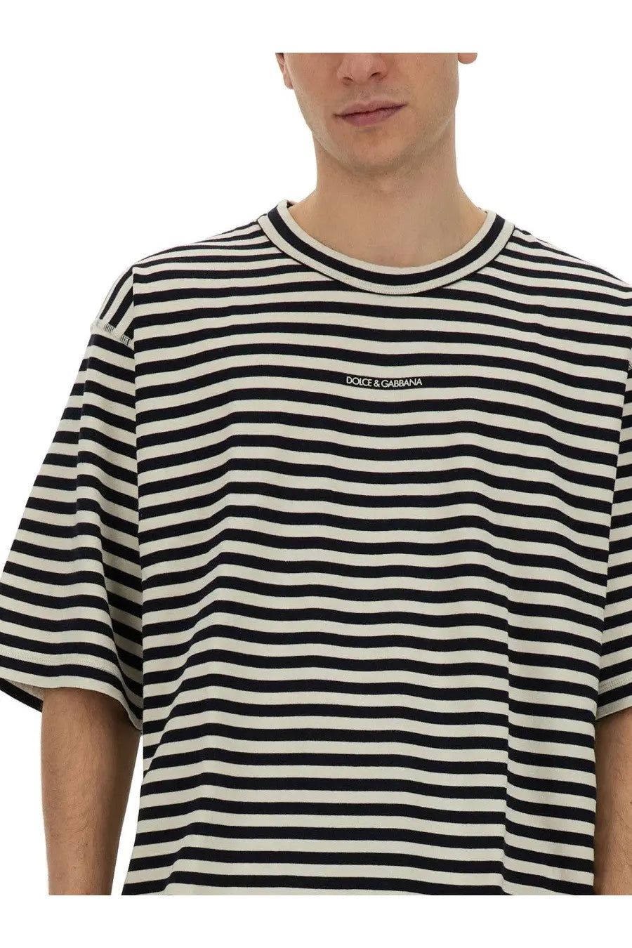 Dolce &amp; Gabbana men’s black and white striped t-shirt with ribbed crew neck in multicolor design