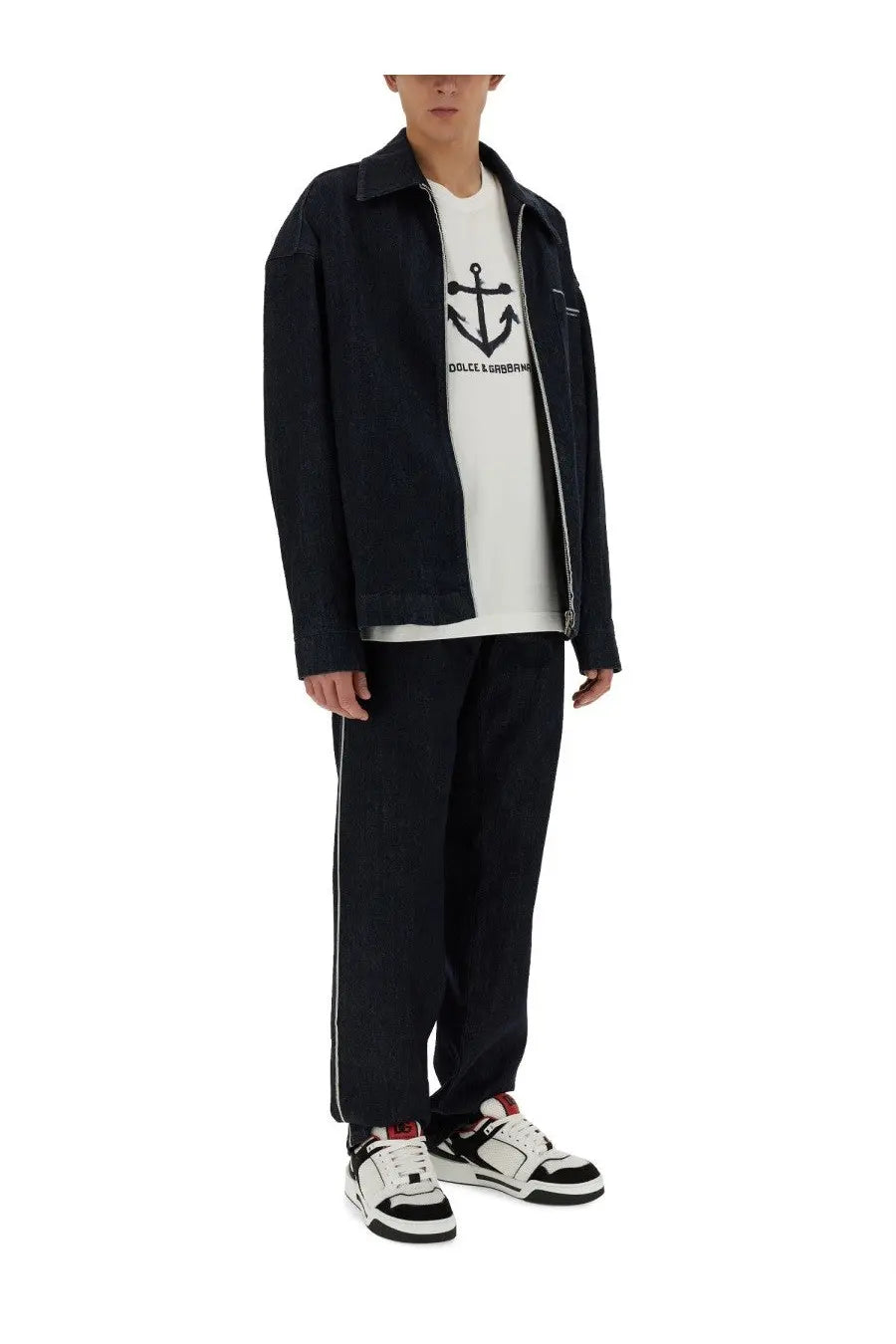 Dolce &amp; Gabbana men’s white shirt with black denim jacket featuring zipper front and collar over anchor logo tee
