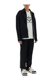 Dolce &amp; Gabbana men’s white shirt with black denim jacket featuring zipper front and collar over anchor logo tee