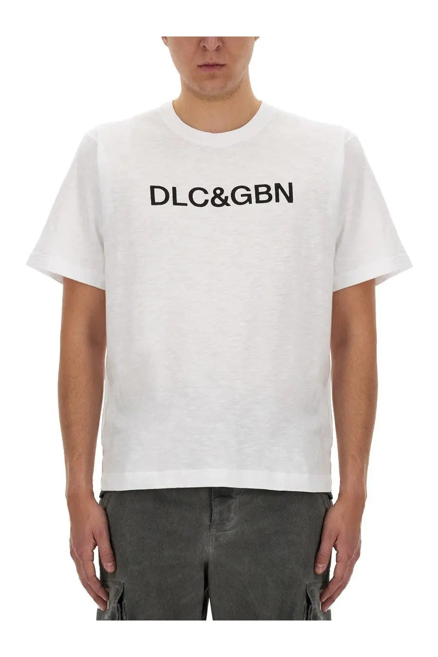 White cotton Dolce &amp; Gabbana men’s t-shirt with black dlc&amp;gbn lettering across the chest