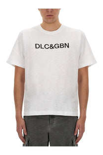 White cotton Dolce &amp; Gabbana men’s t-shirt with black dlc&amp;gbn lettering across the chest
