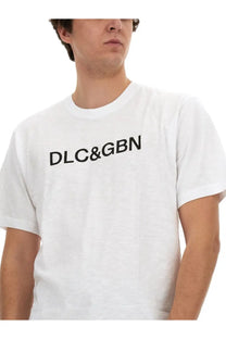 Dolce &amp; Gabbana men’s white cotton t-shirt with black dlc&amp;gbn lettering across the chest