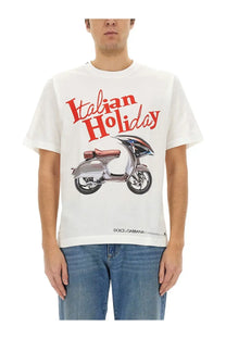 Dolce &amp; Gabbana men’s white cotton t-shirt with bold red italian holiday text and silver vespa scooter graphic