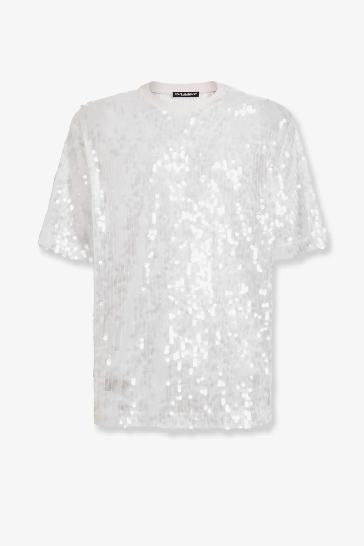Dolce &amp; gabbana men’s white short-sleeved t-shirt with round neckline and dense silver and white sequins
