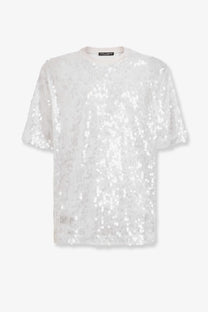Dolce &amp; gabbana men’s white short-sleeved t-shirt with round neckline and dense silver and white sequins
