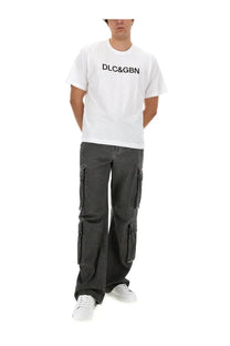 Dolce &amp; Gabbana men’s white short-sleeved cotton t-shirt with black dlc and gbn lettering across the chest
