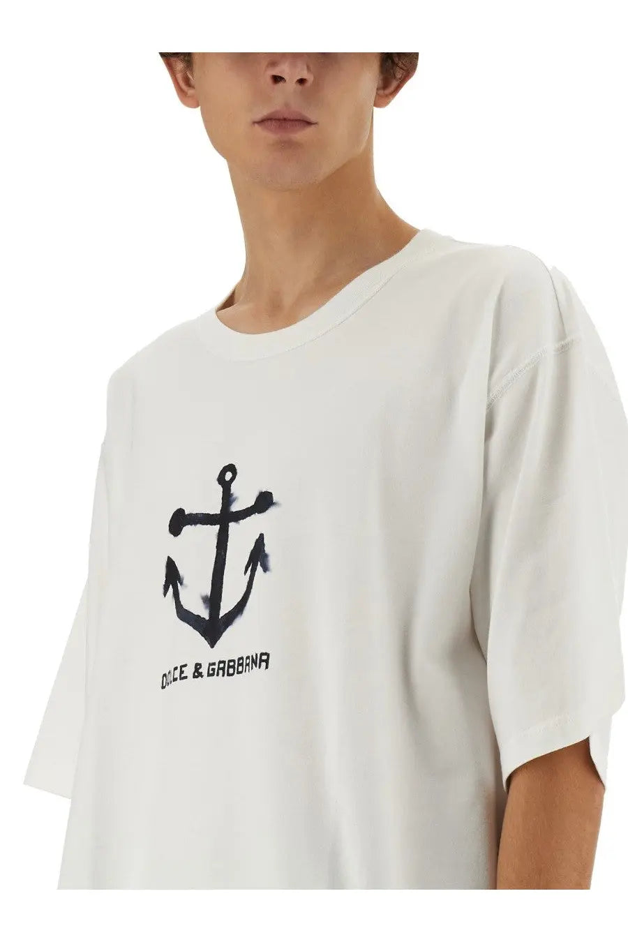 Dolce &amp; Gabbana men’s white cotton t-shirt with black anchor graphic and brand name printed below
