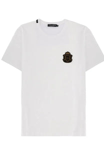 Dolce &amp; Gabbana men’s white cotton t-shirt with a black embroidered crest on the left chest