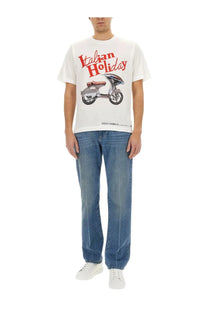 Dolce &amp; Gabbana men’s white cotton t-shirt with red Italian holiday graphic and silver scooter illustration