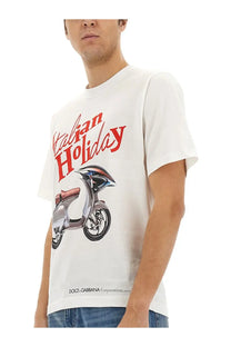 White dolce &amp; gabbana men’s shirt featuring a red italian holiday graphic with an illustrated scooter design