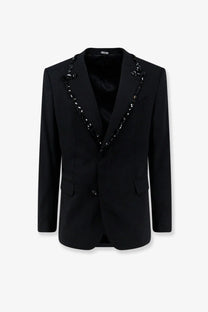 Dolce &amp; Gabbana men’s black Sicilia stretch wool blazer with chain-link trim along structured lapels