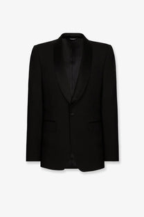 Dolce &amp; Gabbana men’s Sicilia black stretch wool tuxedo blazer with satin lapels for formal occasions