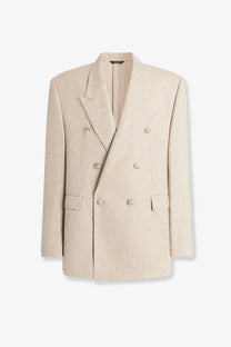 Beige dolce and gabbana men’s double-breasted silk and linen blazer with structured fit and subtle texture