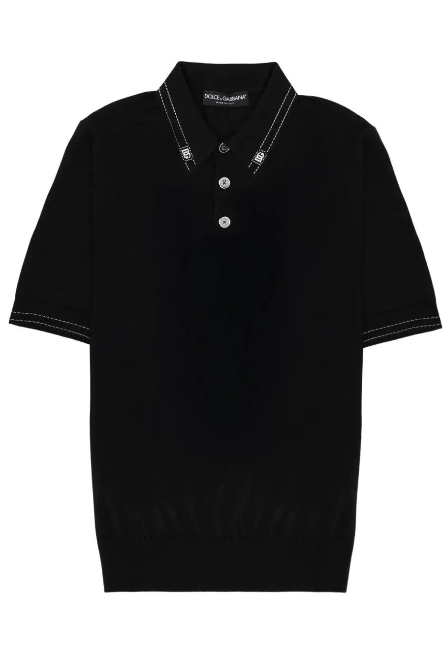 Dolce &amp; Gabbana men’s silk polo black with white contrast stitching and silver buttons