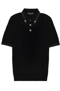 Dolce &amp; Gabbana men’s silk polo black with white contrast stitching and silver buttons