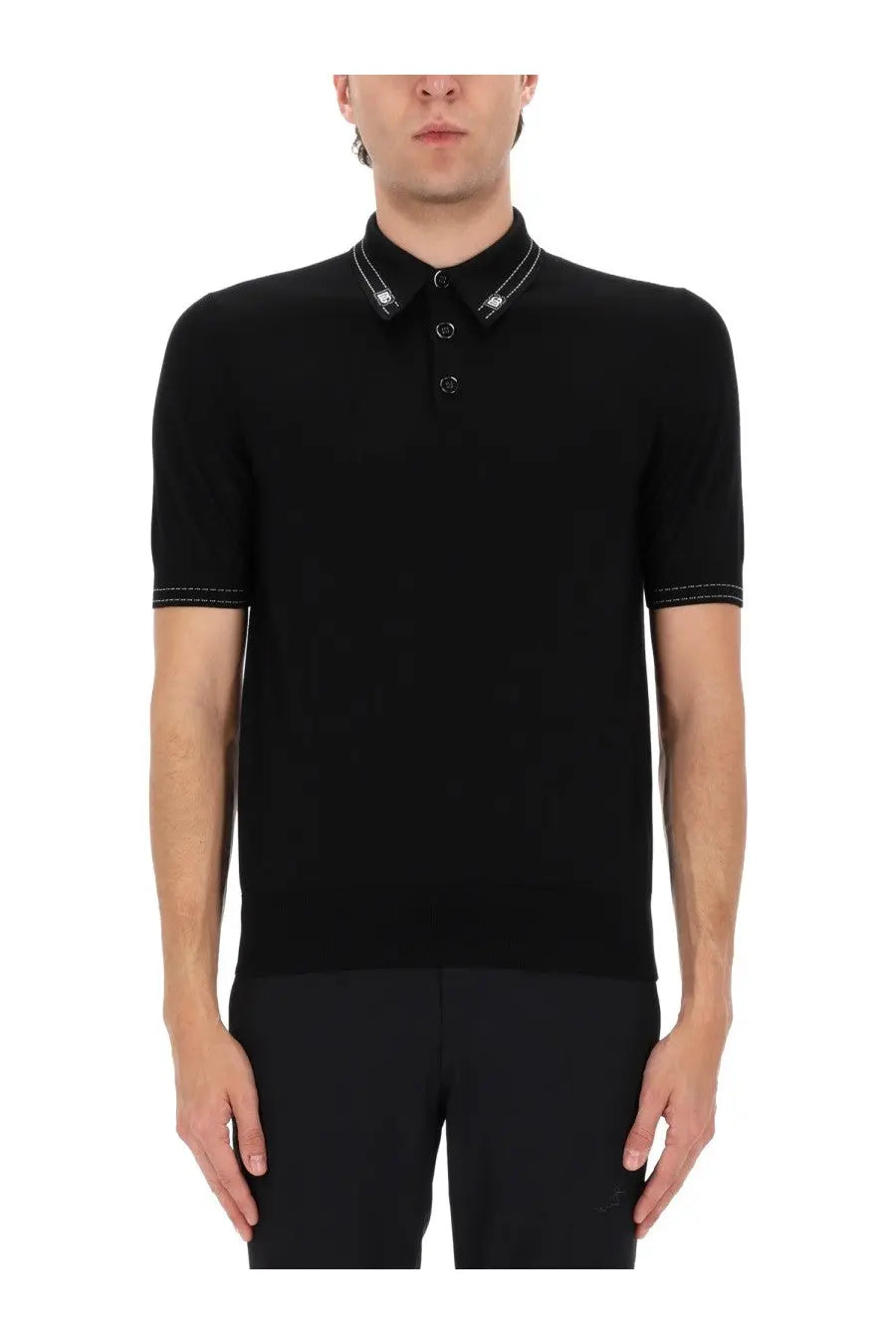 Dolce &amp; gabbana men’s black silk polo shirt with white stitching on collar and sleeve hems