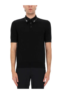 Dolce &amp; gabbana men’s black silk polo shirt with white stitching on collar and sleeve hems