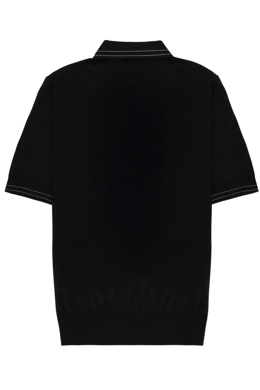 Dolce &amp; Gabbana men’s black silk polo shirt with white contrasting stitching on collar sleeve cuffs and hem