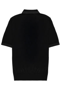 Dolce &amp; Gabbana men’s black silk polo shirt with white contrasting stitching on collar sleeve cuffs and hem