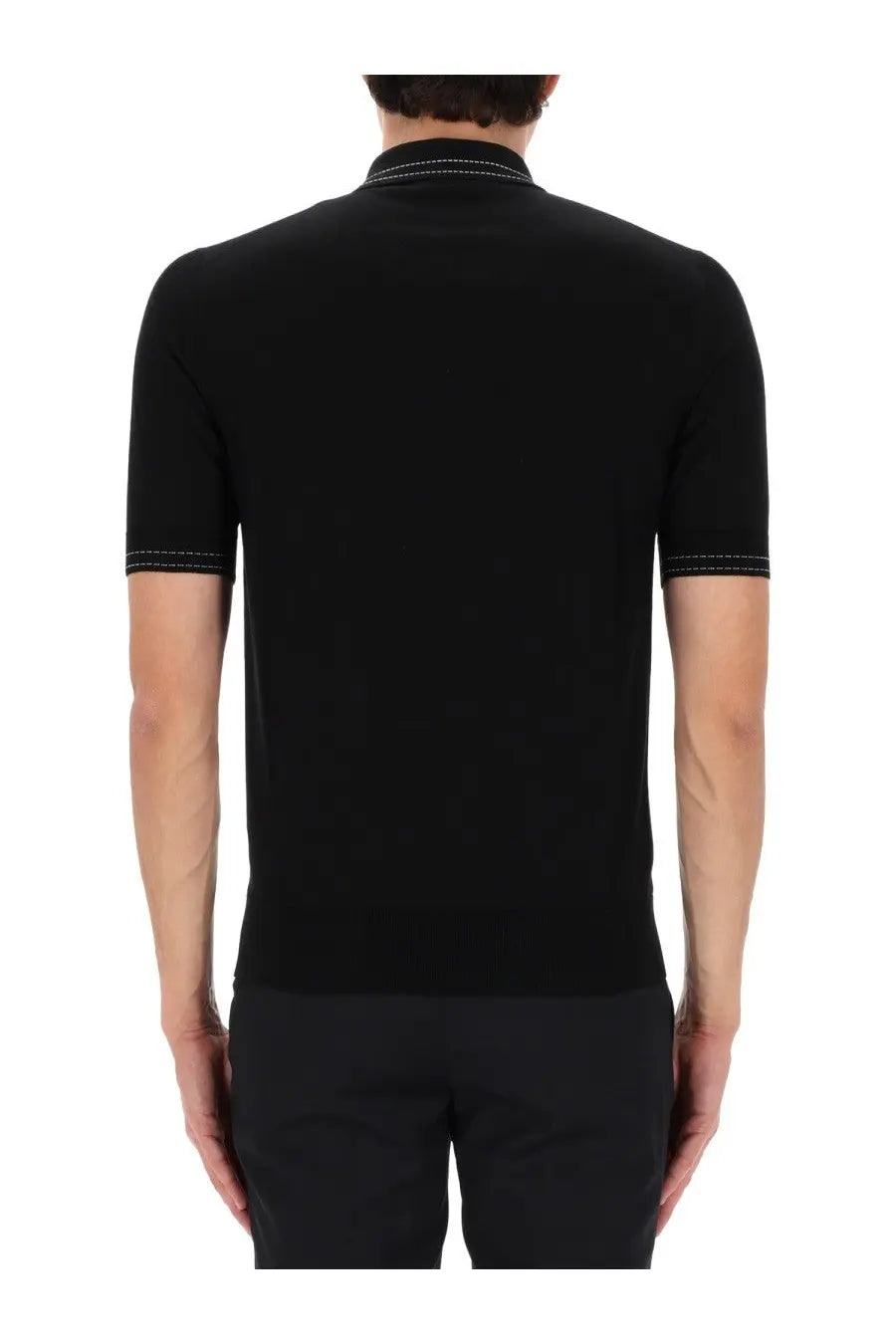 Dolce &amp; Gabbana men’s black silk polo shirt with short sleeves and white contrasting stitching on collar and hems
