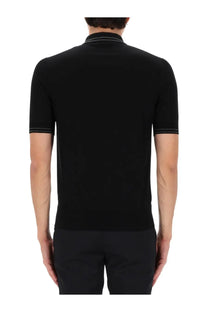Dolce &amp; Gabbana men’s black silk polo shirt with short sleeves and white contrasting stitching on collar and hems