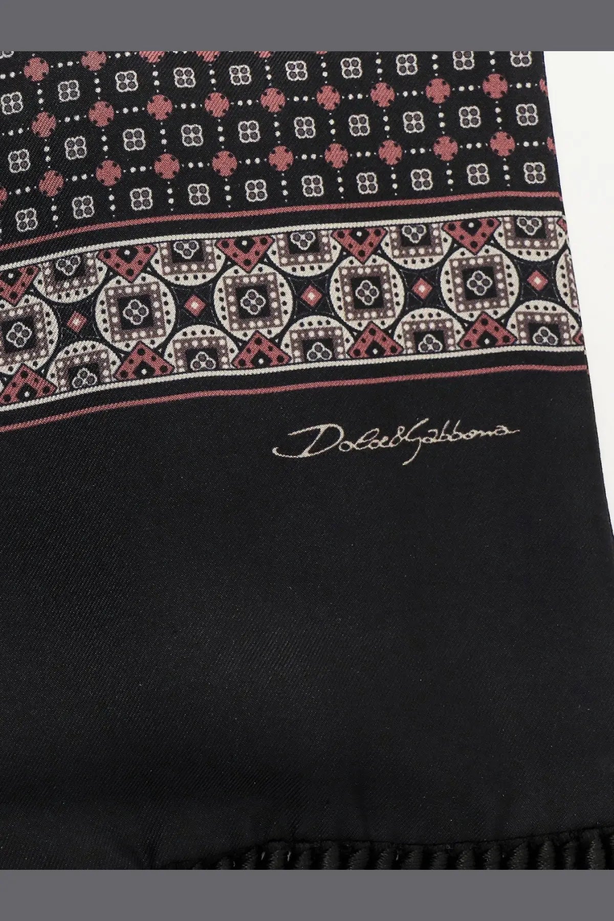 Dolce &amp; Gabbana men’s black silk scarf with geometric pattern in pink white and beige tones