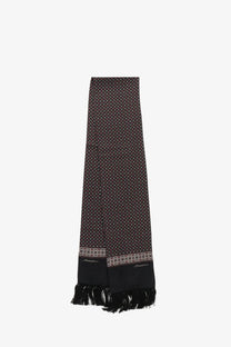 Dolce &amp; Gabbana men’s black silk scarf with subtle pink and beige geometric pattern decorative borders and fringed ends