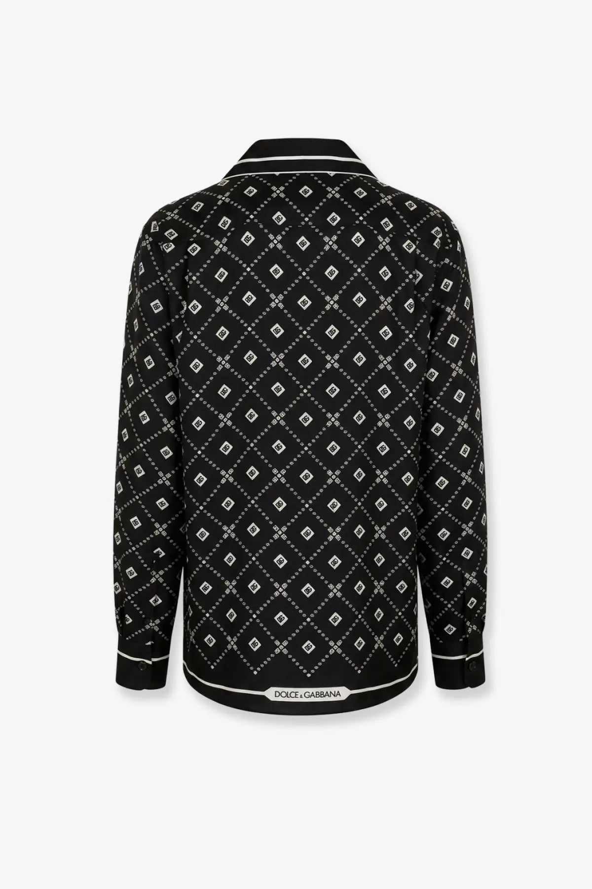 Dolce &amp; Gabbana men’s black silk shirt with white geometric diamond pattern and contrasting trim
