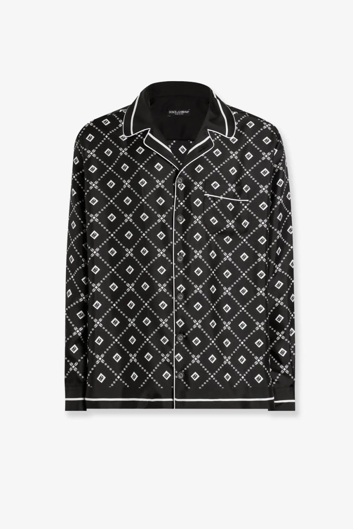 Dolce &amp; Gabbana men’s black silk pajama shirt with white geometric diamond pattern and contrasting white trim